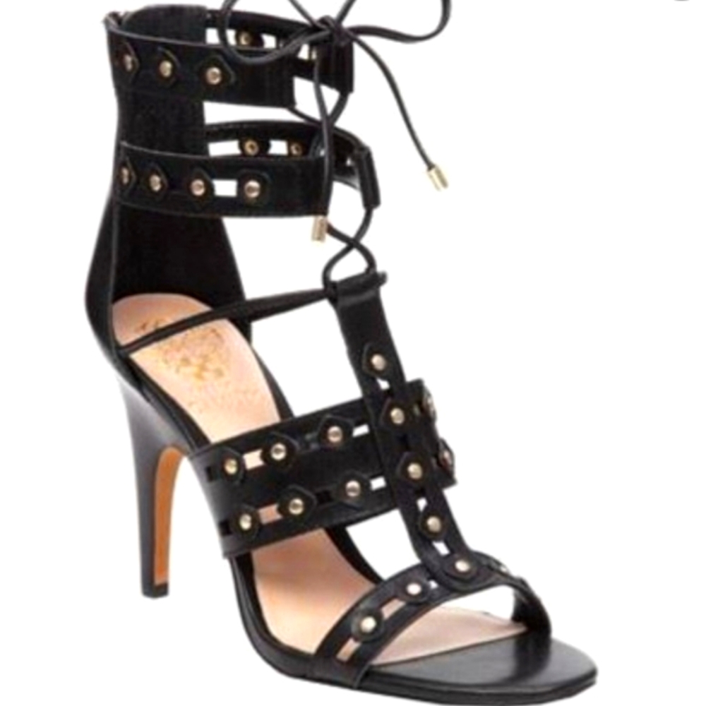 Vince Camuto, Kazie Sandal, Black Leather w/Gold Studs, Size 8